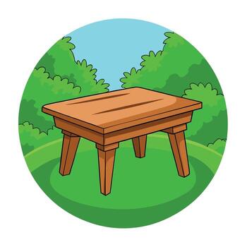 Table With Green Background. Wooden Table Display in Lush Green Garden Setting Icons vector