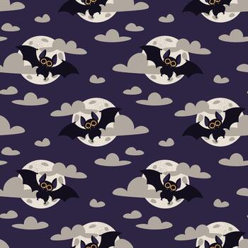 sin costura modelo con linda murciélagos, Luna y nubes en medianoche azul antecedentes. Víspera de Todos los Santos repetir antecedentes para textil, embalaje, fondo de pantalla, web diseño y festivo vector