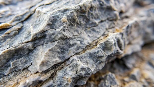 Macro shot of a rough grey rock surface with sharp edges and layered texture stone photo