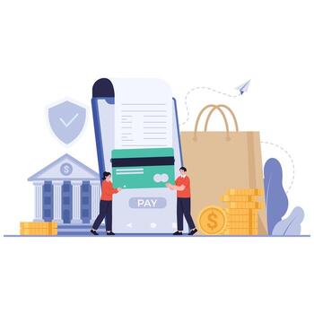 Giant payment terminal with card and shopping bag shows contactless checkout for retail purchases and secure authorization. vector