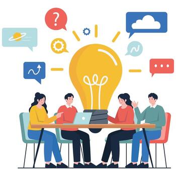 A diverse team collaborates around a table, sharing thoughts and charts as a giant light bulb symbolizes a new idea. vector