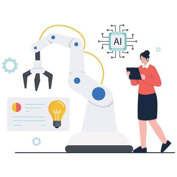 ingeniero monitores un robótico brazo con un ai chip icono y idea símbolo, representando automatización, fabricación, y inteligente industria. vector