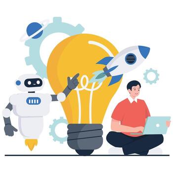 A friendly robot and a rocket boost a bright light bulb while a developer works on a laptop, illustrating AI driven ideas. vector