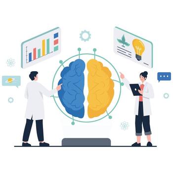 científicos analizar izquierda y Derecha cerebro modelos con cartas y diagramas, explorador creatividad, lógica, y datos en el laboratorio. vector