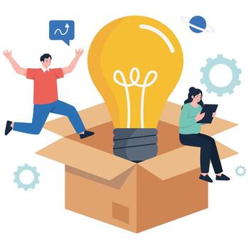 Colleagues celebrate creativity as a big light bulb emerges from a cardboard box, representing unconventional problem solving. vector