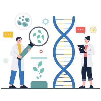 Scientists study plant cells with a magnifier beside a large DNA helix, representing biotechnology, lab analysis, and sustainable innovation. vector