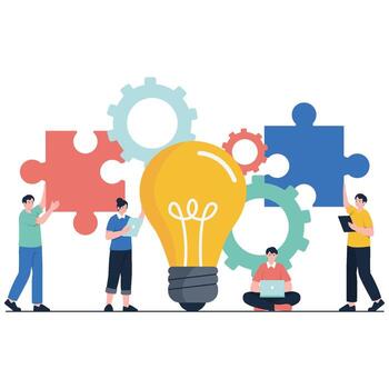 Teammates assemble giant puzzle pieces and gears around a light bulb, showing collaborative problem solving and process design. vector