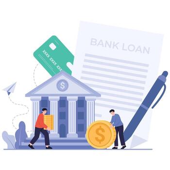 Two clients arrange financing beside a classical bank building with a large loan document, credit card, and coins symbolizing approval. vector