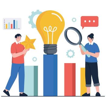 Two coworkers analyze innovation metrics with a giant light bulb, bar chart, star rating, and magnifier, symbolizing research, quality, and creative performance. vector