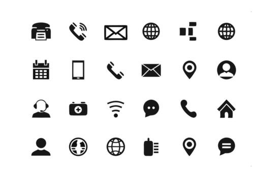 colección de esencial contacto y comunicación íconos representando teléfono correo electrónico social medios de comunicación y ubicación servicios para digital utilizar vector