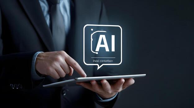 AI Integration Businessman Interacting with Holographic AI Interface on Tablet photo