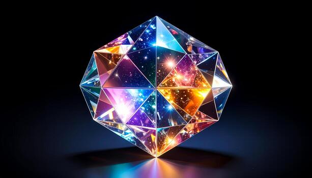 A multifaceted crystal sphere reflecting a vibrant nebula against a black background photo