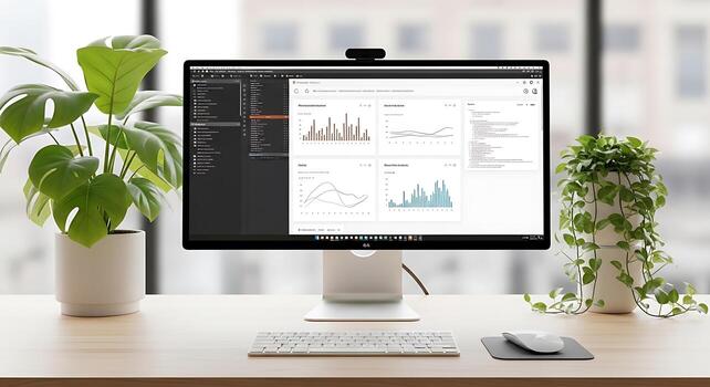 Modern workspace with a computer displaying data visualizations and plants in a bright office photo