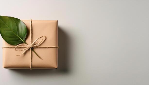minimalist gift setup featuring single elegantly wrapped box in plain craft paper, accented with green leaf and twine, evokes sense of simplicity photo