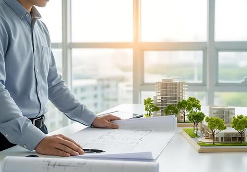 Architect reviewing building plans and intricate architectural models in a modern, sunlit office. Ideal for concepts of design, construction, engineering, and urban development. photo
