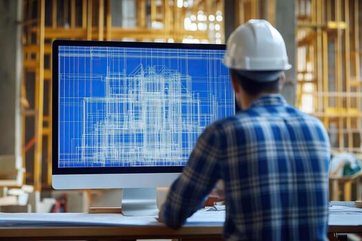 Construction engineer analyzing digital blueprint on computer screen, modern architecture design, building framework planning photo