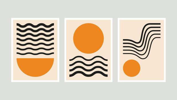 abstract posters with wavy lines and bold circular sun shapes. mid century inspired abstract posters with flowing lines and circle. contemporary abstract prints combining wavy pattern and simple shape vector