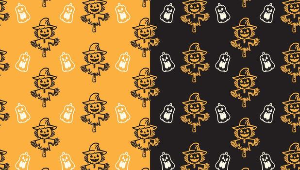 scarecrow and spooky pumpkin doodle pattern on yellow black background set for halloween merchandise. jack o lantern puppet and calabash isolated motif pattern background. illustration vector
