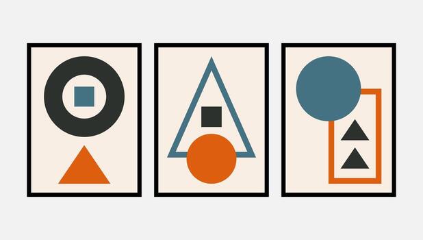 abstract geometric posters with circles, triangles, and squares in minimal style. modern mid century wall art featuring circles, squares, and triangle shapes and clean composition in boho style vector