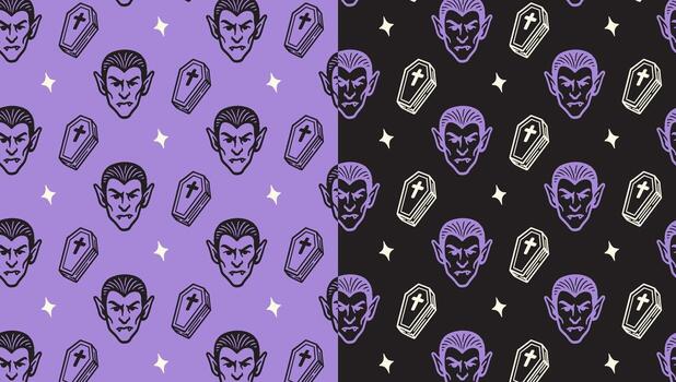 vampiro cabeza con colmillos, ataúd, ligero garabatear modelo en púrpura negro antecedentes conjunto para Víspera de Todos los Santos mercancías. drácula, ataúd, estrella aislado motivo modelo antecedentes. ilustración vector