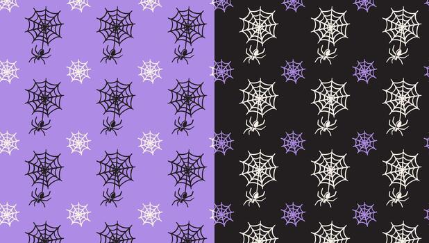 araña web y araña garabatear motivo modelo en púrpura negro antecedentes conjunto para Víspera de Todos los Santos fiesta mercancías. Siniestro tractor, arácnido, telaraña aislado modelo antecedentes. ilustración vector