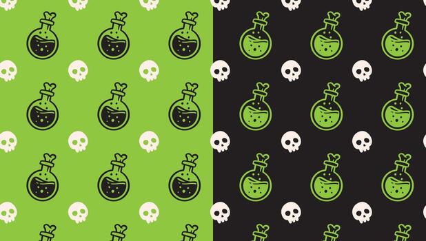 bruja poción botella y cráneo garabatear motivo modelo en verde negro antecedentes conjunto para Víspera de Todos los Santos mercancías. magia alquimia matraz y cráneo aislado modelo antecedentes. ilustración vector