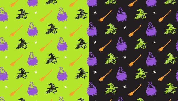 bruja, sombrero, palo de escoba, caldera, ligero garabatear motivo modelo en verde negro antecedentes conjunto para Víspera de Todos los Santos mercancías. mago, brujería, brujería herramientas modelo antecedentes. ilustración vector