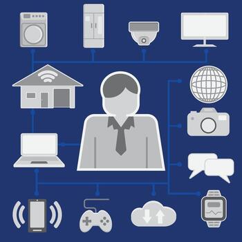 Everyday technology connected within the home includes cloud computing and IT management. vector