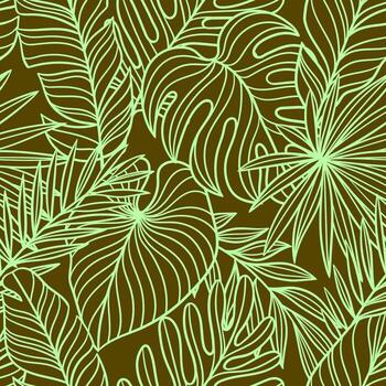Pattern with linear palm leaves. Decorative image of tropical line foliage and plants. vector