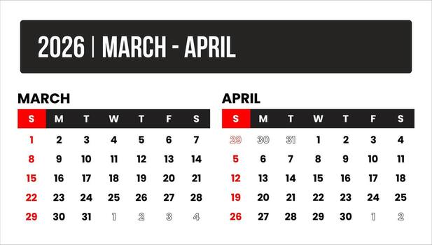 2026 2 months march - april universal calendar design, international format suitable for global use, modern minimal template for print and digital applications vector