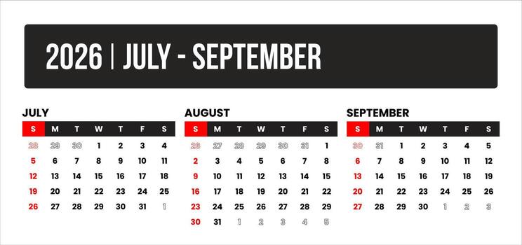 2026 3 months july - september universal calendar design, international format suitable for global use, modern minimal template for print and digital applications vector