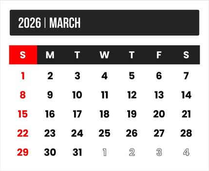 2026 march universal calendar design, international format suitable for global use, modern minimal template for print and digital applications vector