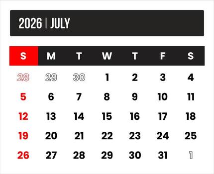 2026 july universal calendar design, international format suitable for global use, modern minimal template for print and digital applications vector