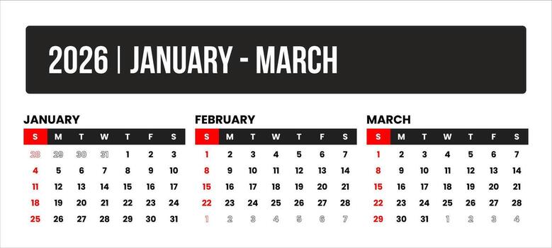 2026 3 months january - march universal calendar design, international format suitable for global use, modern minimal template for print and digital applications vector