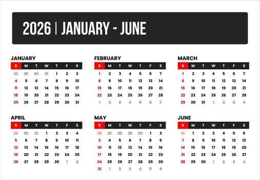 2026 6 months january - june universal calendar design, international format suitable for global use, modern minimal template for print and digital applications vector