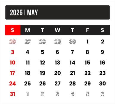 2026 may universal calendar design, international format suitable for global use, modern minimal template for print and digital applications vector