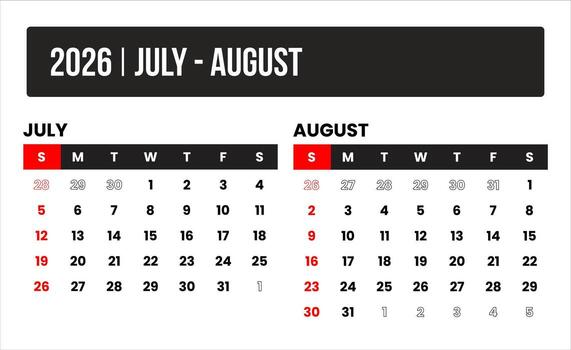 2026 2 months july - august universal calendar design, international format suitable for global use, modern minimal template for print and digital applications vector
