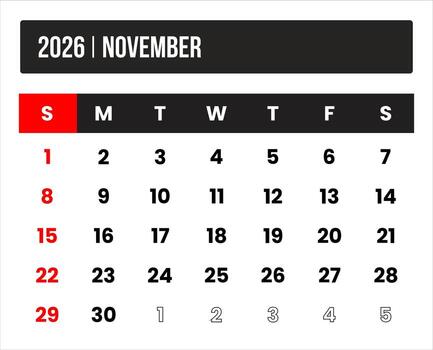2026 november universal calendar design, international format suitable for global use, modern minimal template for print and digital applications vector