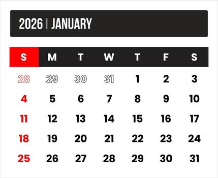 2026 january universal calendar design, international format suitable for global use, modern minimal template for print and digital applications vector