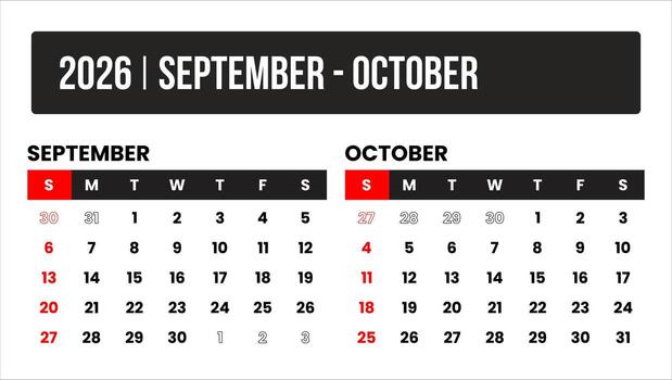 2026 2 months september - october universal calendar design, international format suitable for global use, modern minimal template for print and digital applications vector