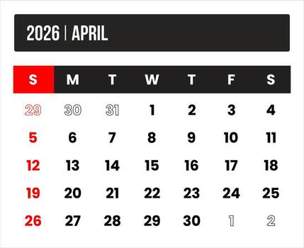 2026 april universal calendar design, international format suitable for global use, modern minimal template for print and digital applications vector