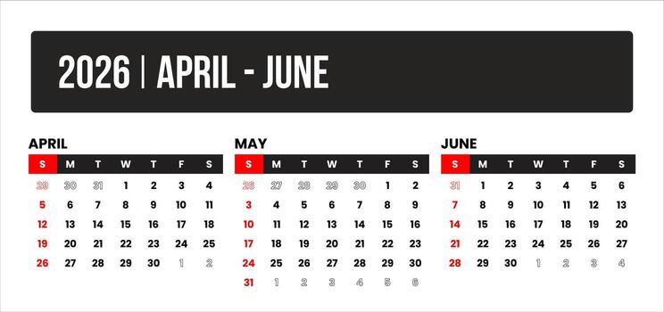 2026 3 months april - june universal calendar design, international format suitable for global use, modern minimal template for print and digital applications vector