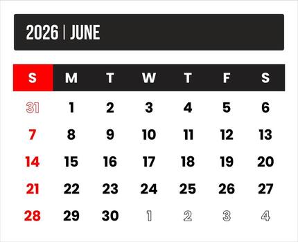 2026 june universal calendar design, international format suitable for global use, modern minimal template for print and digital applications vector