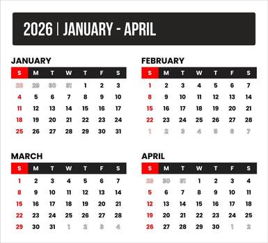 2026 4 months january - april universal calendar design, international format suitable for global use, modern minimal template for print and digital applications vector