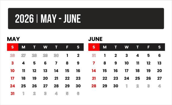 2026 2 months may - june universal calendar design, international format suitable for global use, modern minimal template for print and digital applications vector