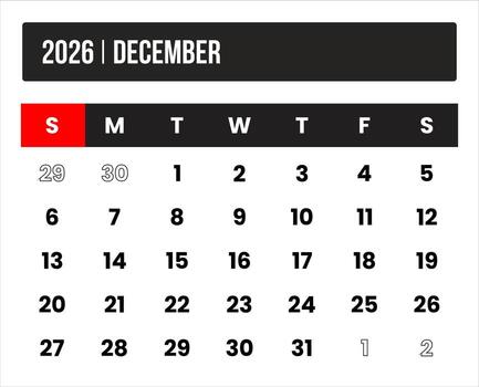 2026 december universal calendar design, international format suitable for global use, modern minimal template for print and digital applications vector
