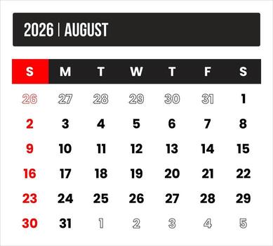 2026 august universal calendar design, international format suitable for global use, modern minimal template for print and digital applications vector