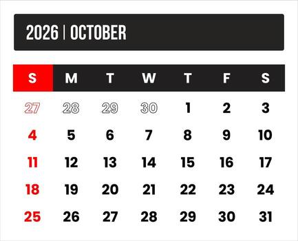 2026 october universal calendar design, international format suitable for global use, modern minimal template for print and digital applications vector