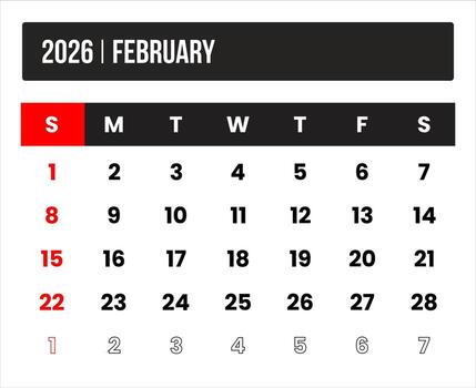 2026 february universal calendar design, international format suitable for global use, modern minimal template for print and digital applications vector