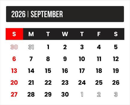 2026 september universal calendar design, international format suitable for global use, modern minimal template for print and digital applications vector